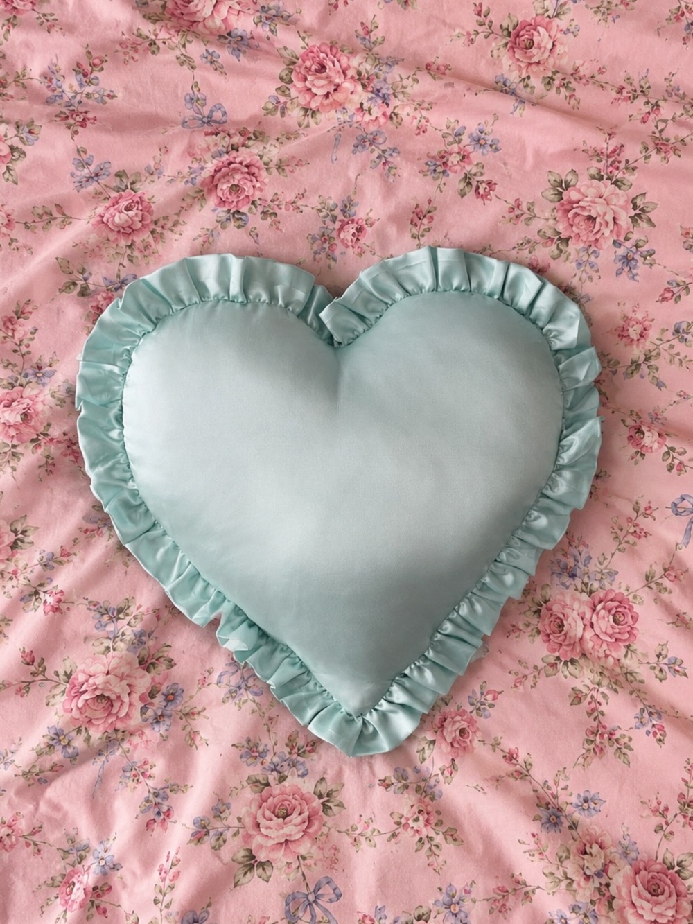 Urban Outfitters Throw Pillow Heart Shaped Silky Satin Ruffle Pastel Blue NWT
